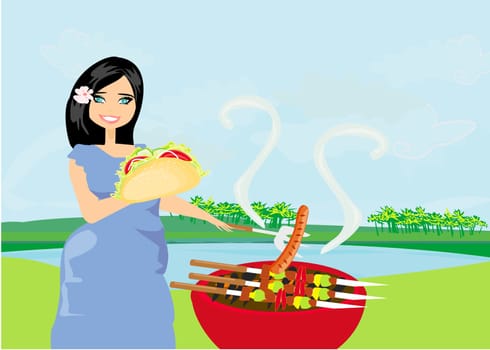 Woman cooking on a grill