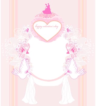 romantic card with dancing couple, love birds and golden wedding rings