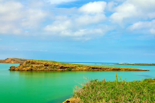 View of several islands in the Caribbean Sea near Punta Gallinas in La Guajira, Colombia
