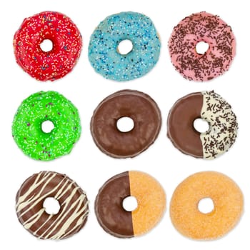 Colorful donuts on a white background