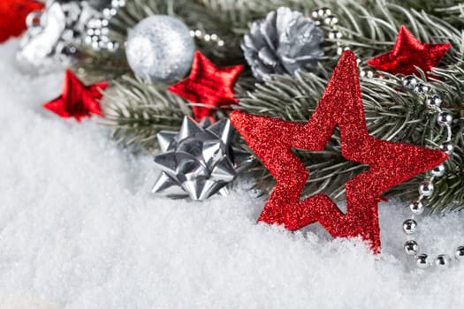 Red silver Christmas decoration with fir branches