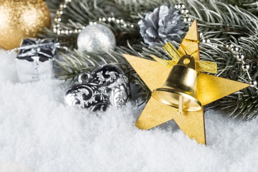 Gold silver Christmas decoration with fir branches