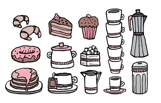 Color coffee and sweet food / Handwritten cafe stuff set
