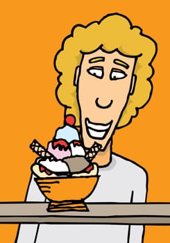 Hungry guy staring at huge dessert