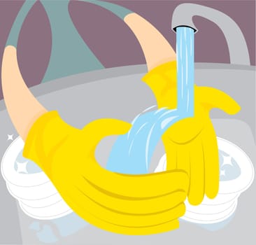 Woman with rubber gloves washing the dishes