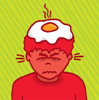 Angry guy cooking an egg on his head