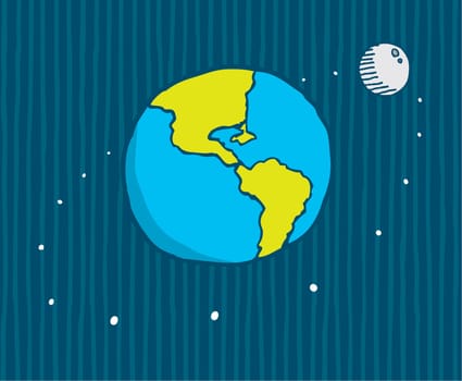 Cartoon illustration of moon orbiting the earth