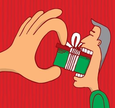 Big cartoon hand forcing man to consume
