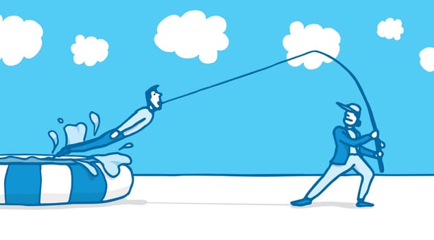 Man fishing another person from a pool