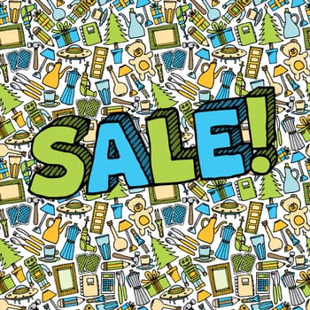 Sale of different objects seamless with text