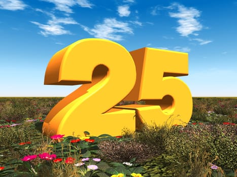 Computer-generated 3D illustration with the number 25 in a landscape