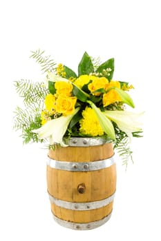 Bouquet on a small wooden barrel