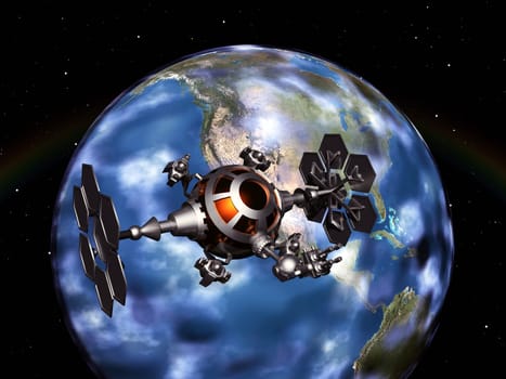Computer-generated 3D illustration with Earth and a space probe