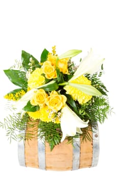 Bouquet on a small wooden barrel