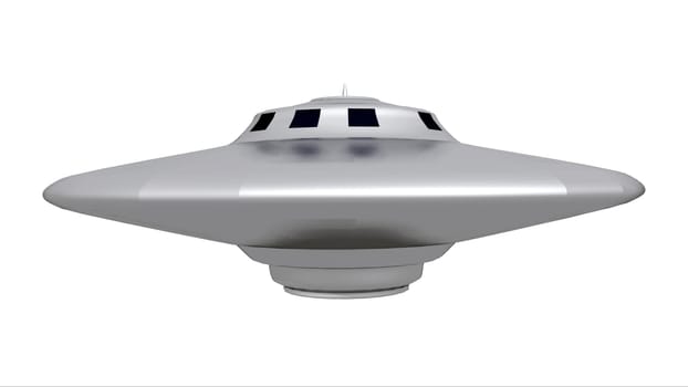 Computer-generated 3D illustration with an alien spaceship on a white background
