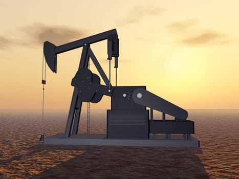 Computer-generated 3D illustration with an oil pump before a sunset