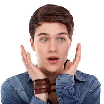 Young man surprised with open hands and mouth