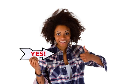 Young woman with arrow - Yes - cropped on white background