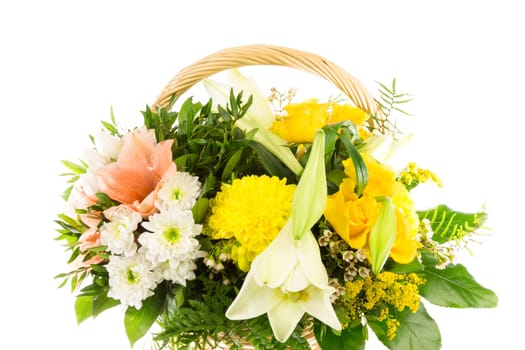 A wicker basket filled with a bouquet of flowers