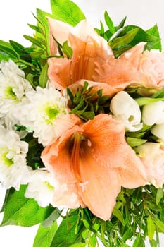 A bouquet of roses,amaryllis and chrysanthemums,top view
