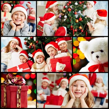 Collage of adorable kids in Santa caps on xmas evening