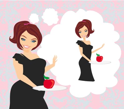 girl on a diet holding a plate with an apple and imagine how it will look after the diet