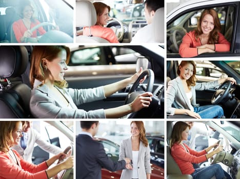 Collage of pretty woman sitting in car and salesman
