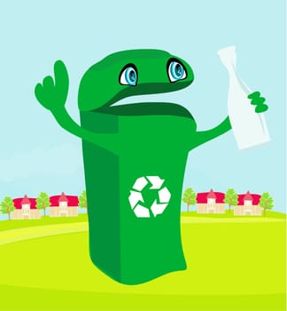 funny recycling bin holds a glass bottle