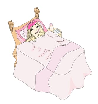 Illustration of a Sick Girl lying in bed