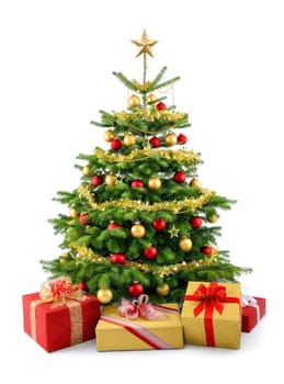 Bright studio shot of red and gold decorated Christmas tree with gifts on white