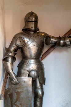 Medieval knight armour with shield in the Old Town of Prague.
