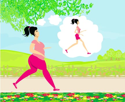 Young woman jogging,fat girl dreams to be a skinny girl