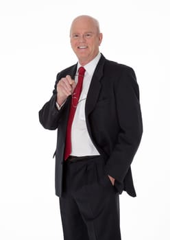 Balding cheerful mature businessman dressed in black business suit standing on white background