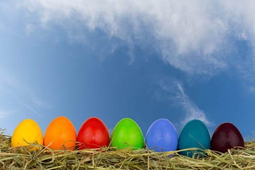 Colourful Easter eggs in the hay