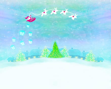 The santa claus flying with the sack full of presents
