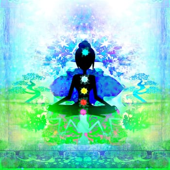 Yoga lotus pose. Padmasana with colored chakra points.
