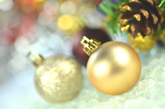 christmas decoration, colored Christmas balls and bokeh background