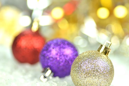 christmas decoration, colored Christmas balls and bokeh background