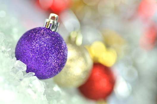 christmas decoration, colored Christmas balls and bokeh background