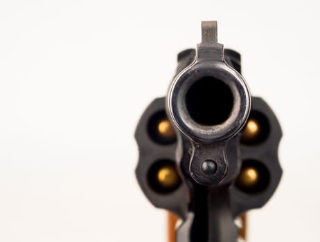 Close up Barrel Snub Nose Revolver Gun Weapon pointed at You