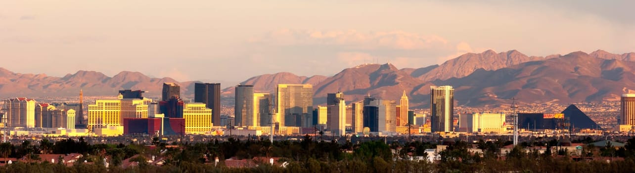 The buildings and casinos on the strip cityscape downtown Las Vegas