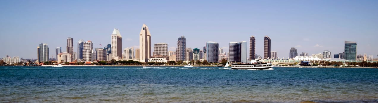 San Diego California Waterfront from Coronado Boats Traveling Bay