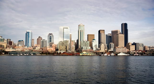The view of Seattle from the lower deck of an eastbound ferry boat