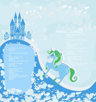 Fairytale landscape with magic castle and unicorn