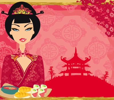 Traditional japanese pretty girl enjoy sushi.