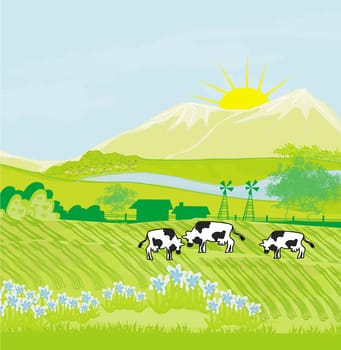 Cows grazing in green meadow