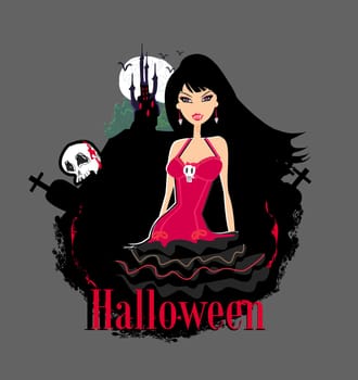 abstract portrait of a beautiful female vampire and a haunted house