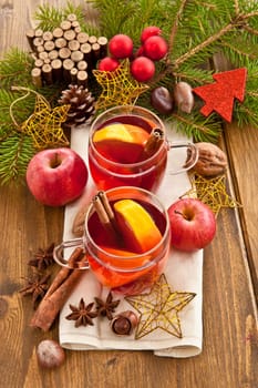 Hot drink for Christmas with cinnamon and oranges