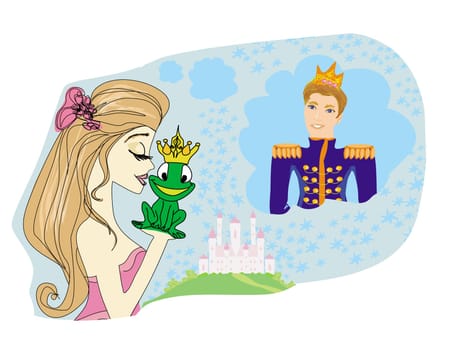 Beautiful young princess kissing a big frog