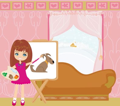 Little artist girl painting dog on large paper canvas